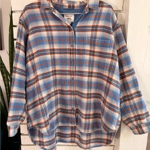 American Eagle Orange/Blue Flannel Shacket in Size Large | Cabincore